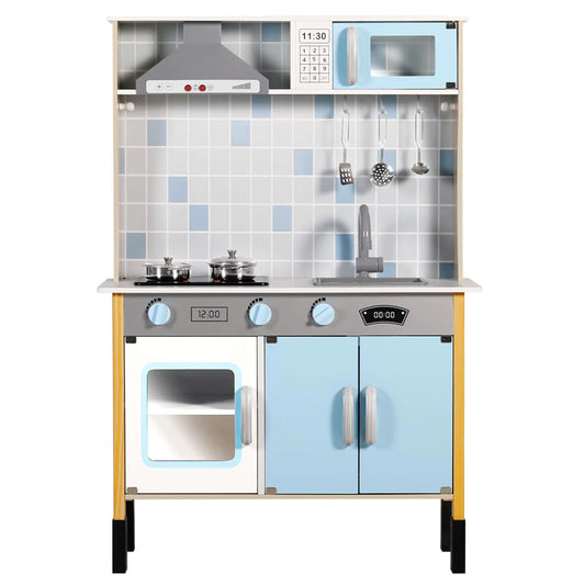 Kinder King Wooden Kids Play Kitchen Toy Kitchen Playset for Toddler Realistic Kitchen Sets w/Lights & Sounds Pretend Kitchen Hood Oven Kitchen Accessories Gift for Boys Girls Age 3+ Blue